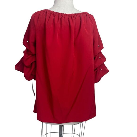 Elegant Red Women's Top Prelude XL off the shoulder ruched sleeves - Picture 4 of 10